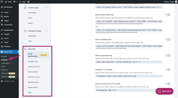 Screenshot of the Advanced menu item in the Yoast SEO settings.